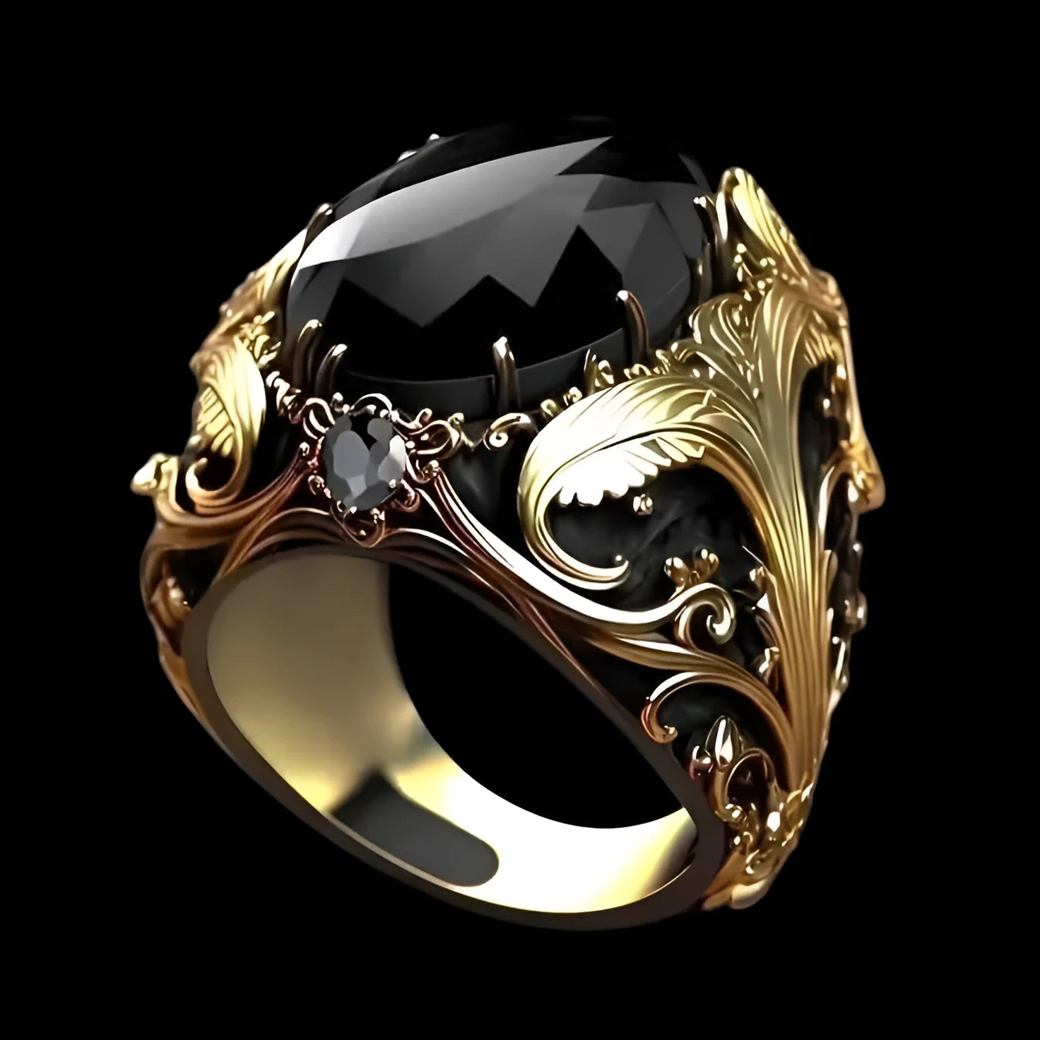Men's silver geometric ring with imitation ink colour gem and irregular moonstone pattern on a wide alloy band.
