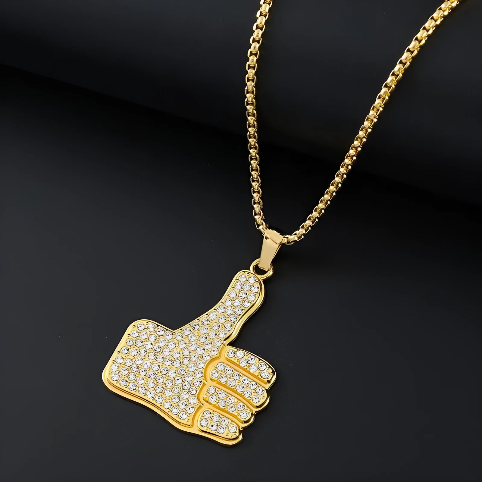 Geometric gold-tone women's necklace with inlaid zircon stones on a model.