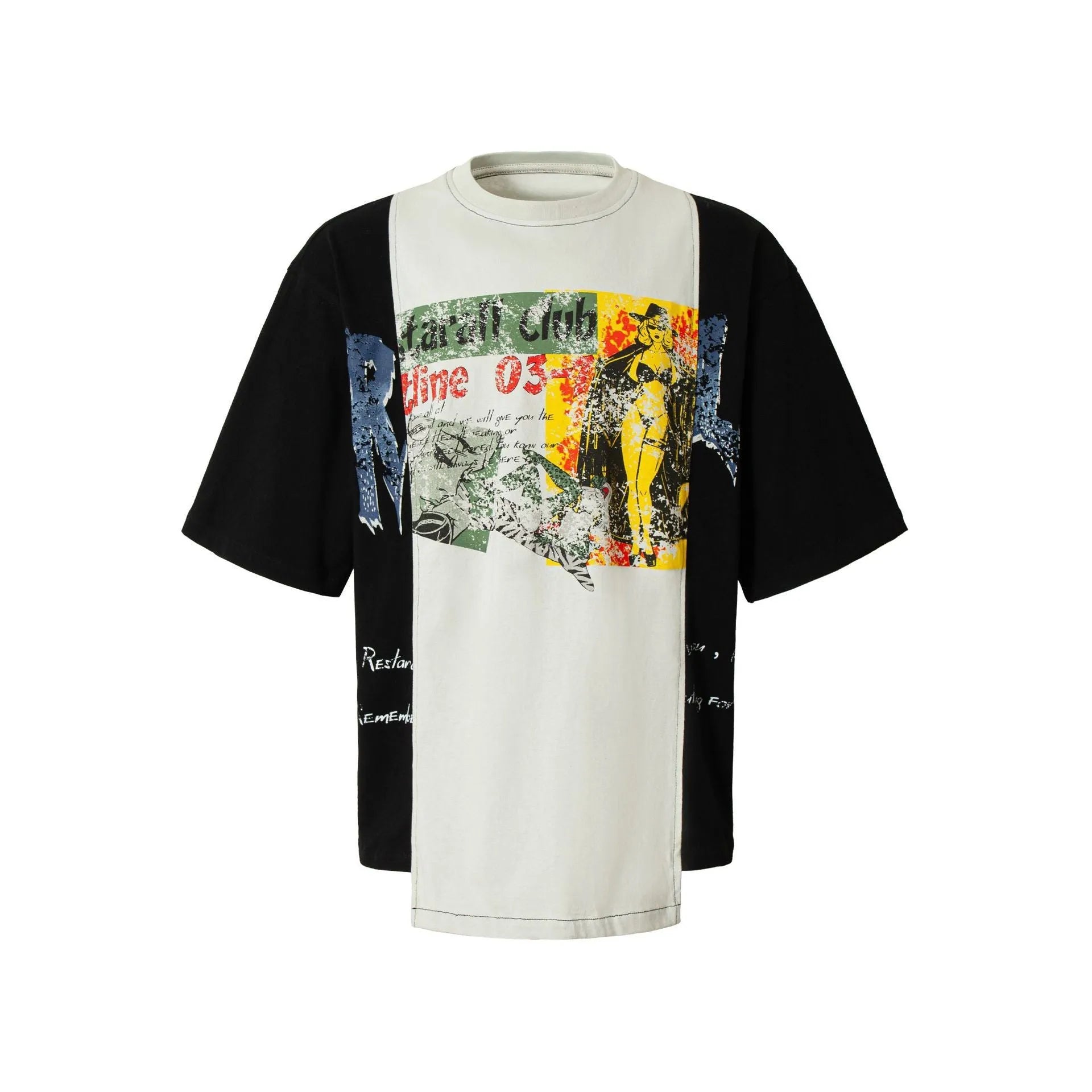 Black and white broken collage print on a loose-fit cotton blend short sleeve T-shirt.