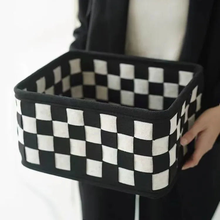 Checkerboard woven felt folding storage basket measuring 37x29x19.5cm