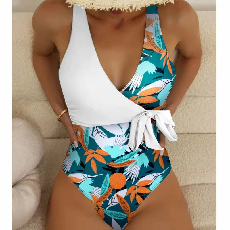 Women's high waist one-piece swimsuit with printed pattern in quick-drying polyester fabric