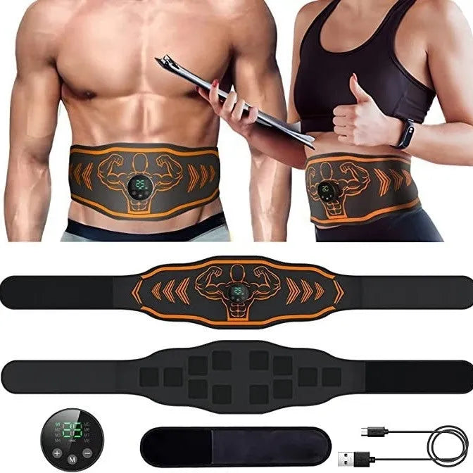 Smart EMS massage fitness belt with arm pads in blue and orange colour options