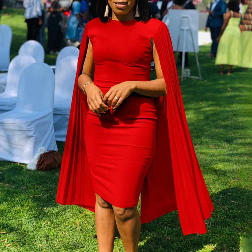 Women's round neck pleated evening gown with long sleeves and attached shawl in polyester fabric