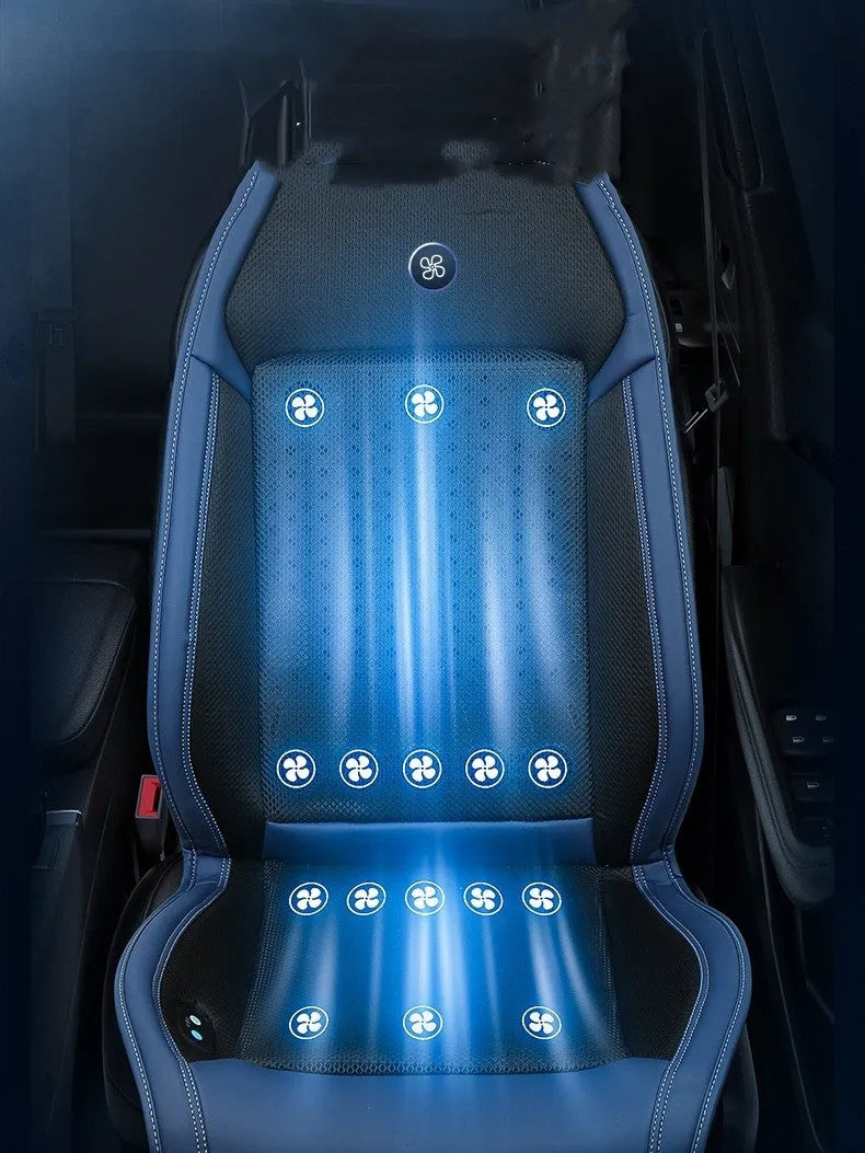 Black car seat cooling pad with USB power cable on vehicle seat