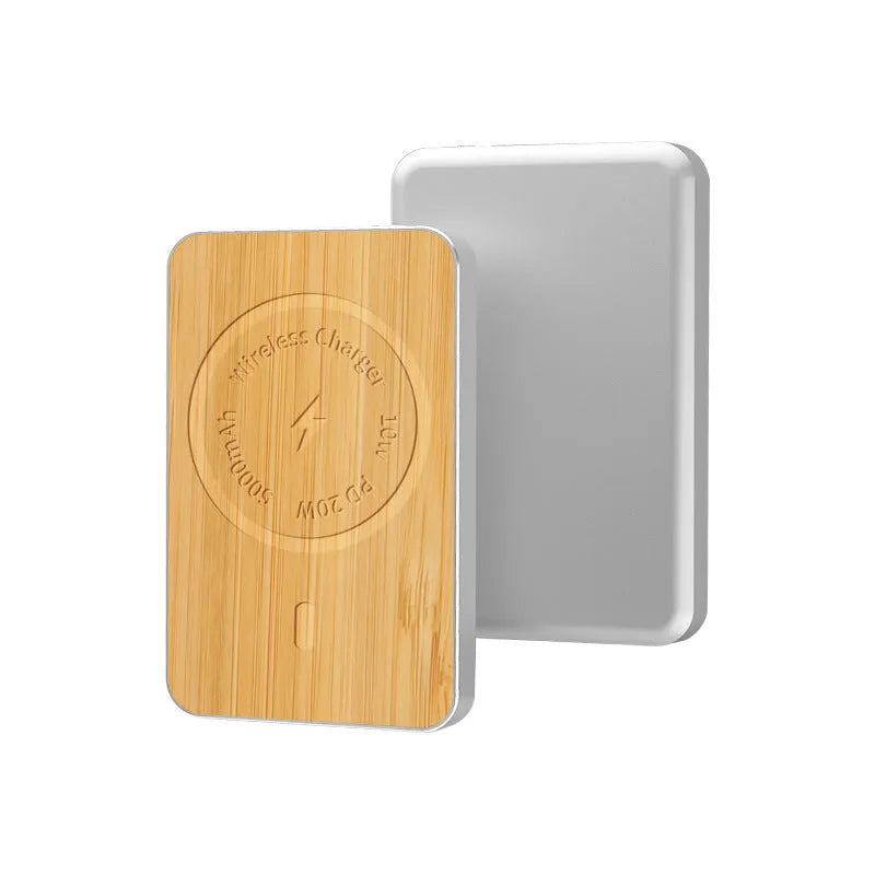 Khaki coloured magnetic wireless charging bank with alloy shell showing dimensions and charging ports