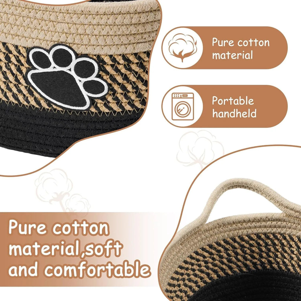 Handmade light beige woven cotton rope storage basket with a wooden handle