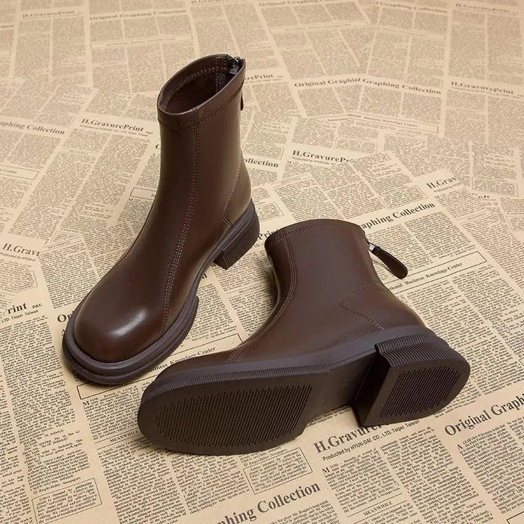 Women's black ankle boots with thick flat heel and back zipper, round toe, artificial PU upper