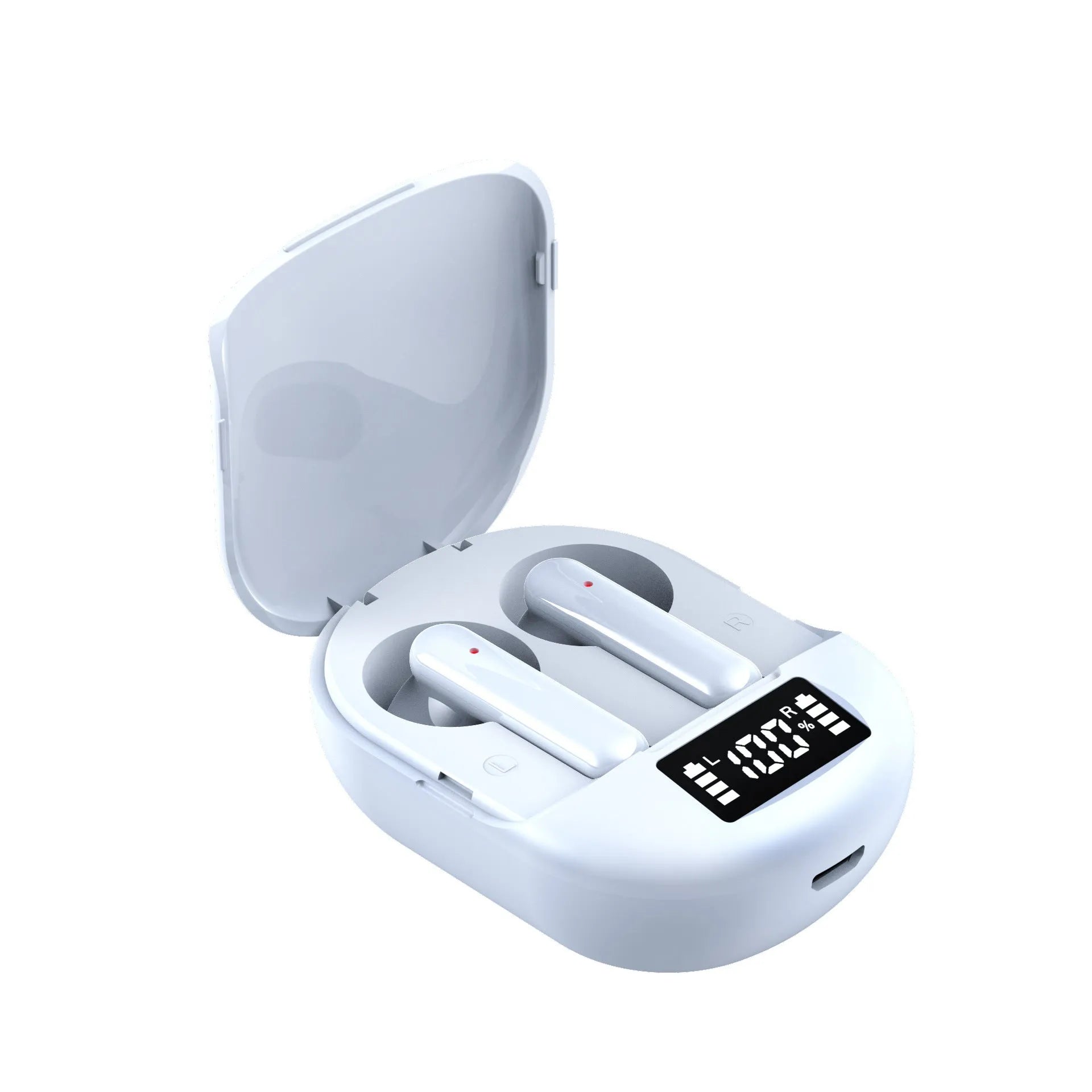 Black and white wireless Bluetooth headset with digital display screen and compact charging case