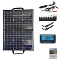 Black foldable solar charger bag showing 40W single crystal panel, folded to compact size for camping.