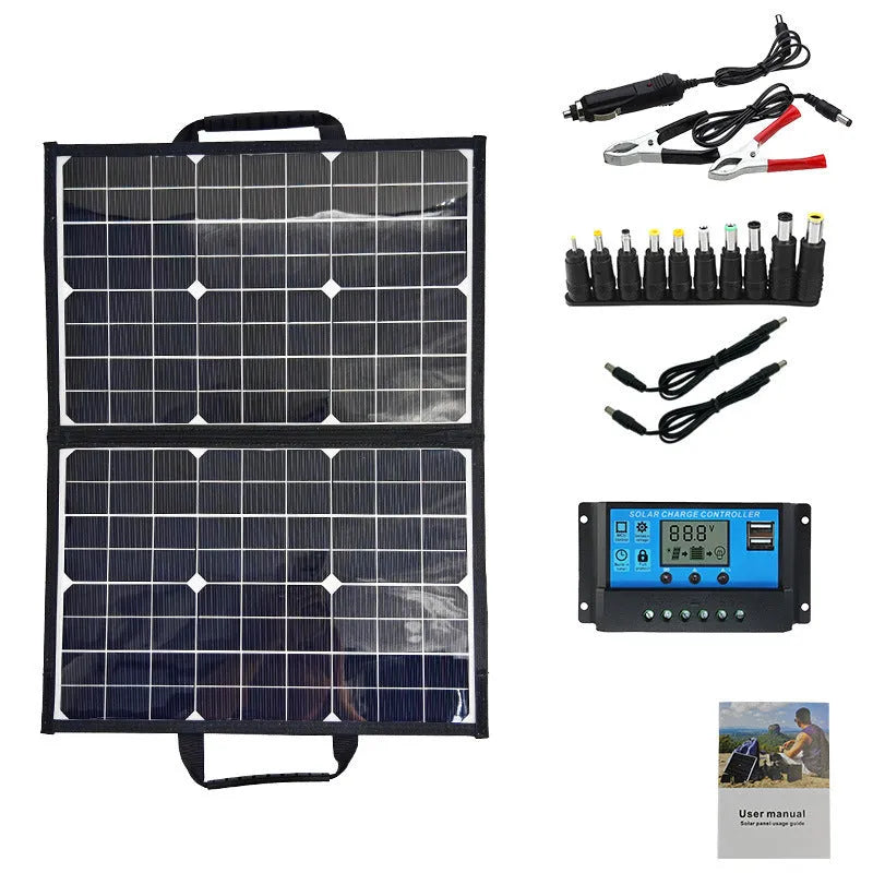 Black foldable solar charger bag showing 40W single crystal panel, folded to compact size for camping.