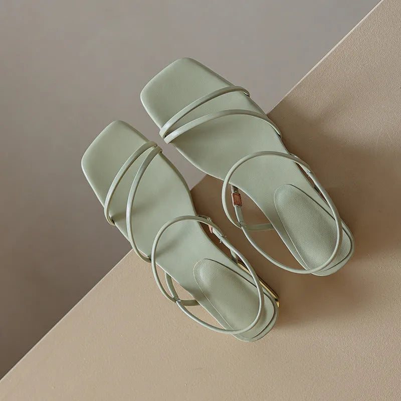 Women's open-toed Roman sandals with square toe and adjustable microfiber straps in beige colour