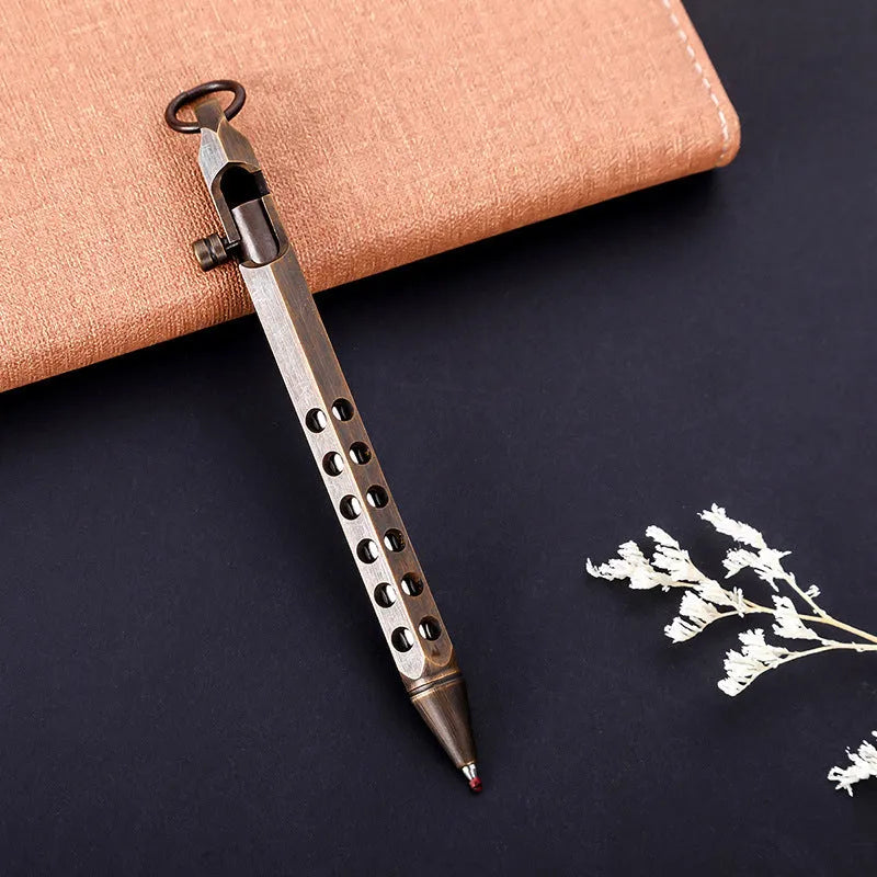 Brass hexagonal bolt rollerball pen with 0.5mm tip showing six-sided barrel design