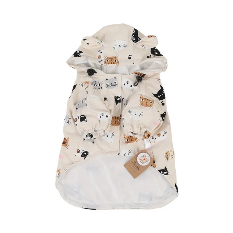 Beige cartoon dog raincoat with animal design showing front leg sleeves and back coverage