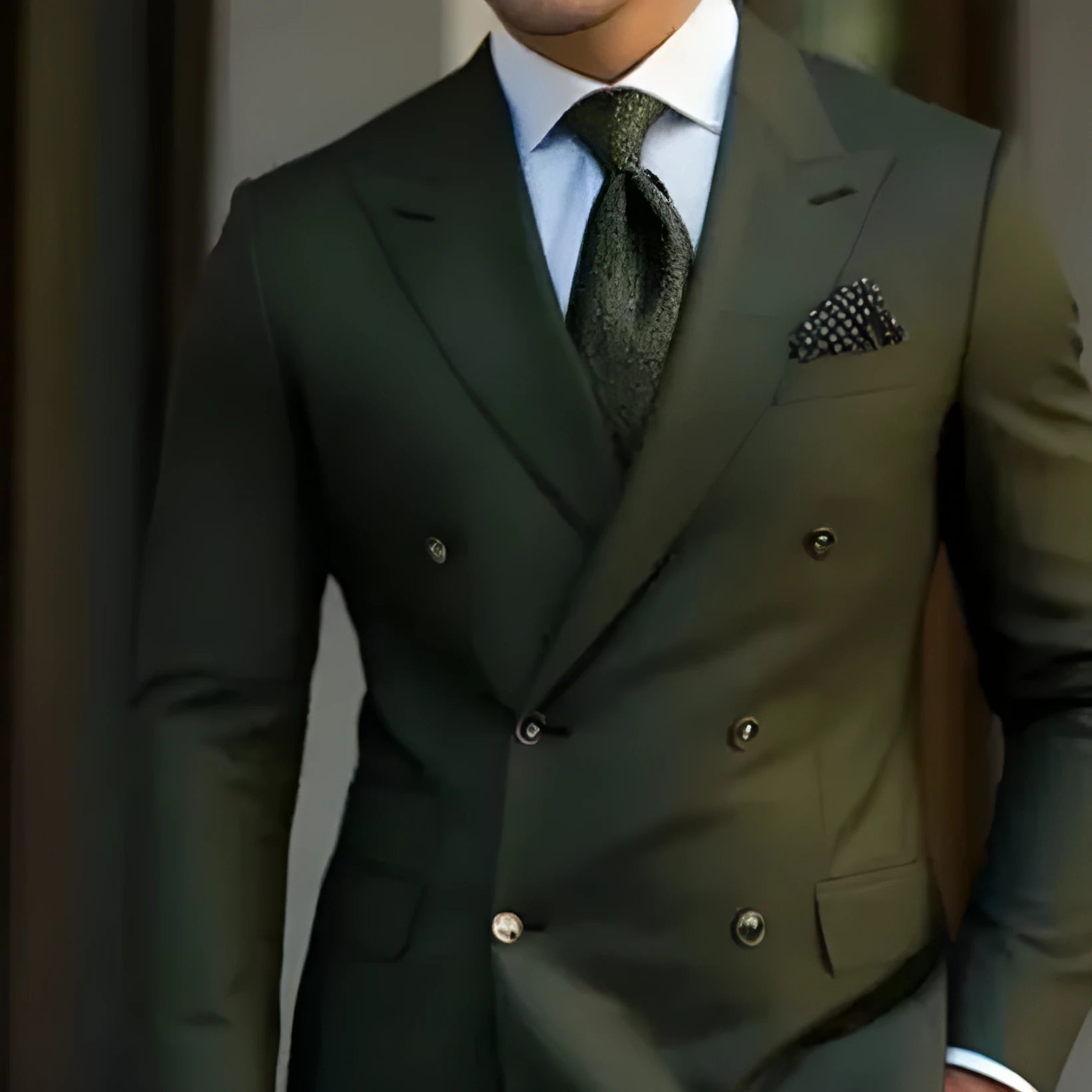 Men's light business style two-piece suit jacket and trousers on a hanger.