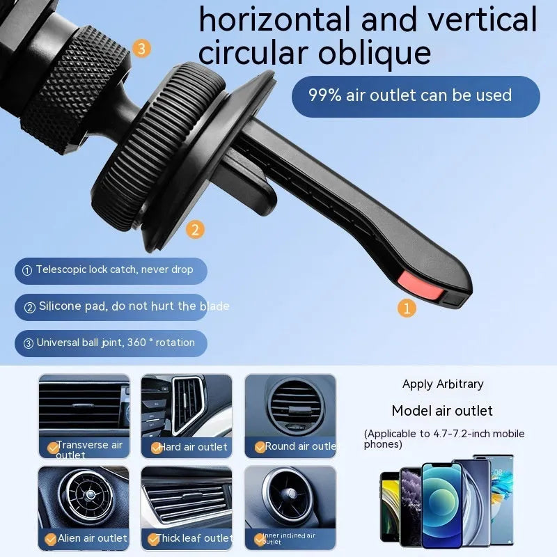 Aluminium alloy car phone holder mounted on vehicle air vent in black finish