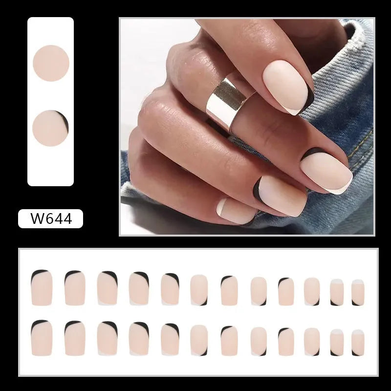 Black and white frosted press-on nail decorations with French style design