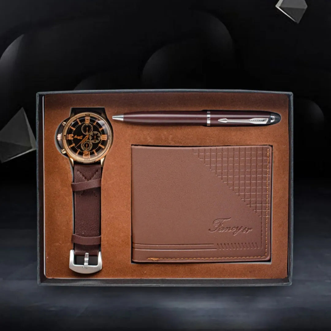 Creative holiday gift wallet pen watch set four-piece business promotional gifts black and brown options