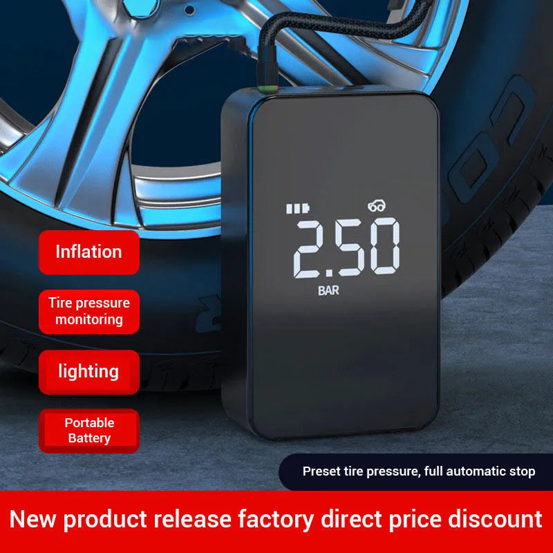 Wireless digital display tyre inflator pump with compact portable design and LED light