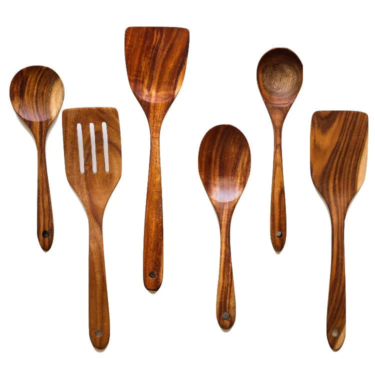 Seven wooden cooking utensils with spoon shovel designs for non-stick pan cooking