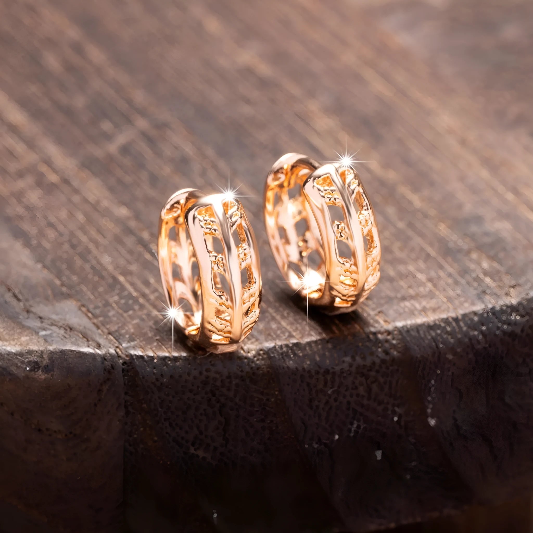 Copper heart and leaf shaped hollowed out earrings with rose gold plating