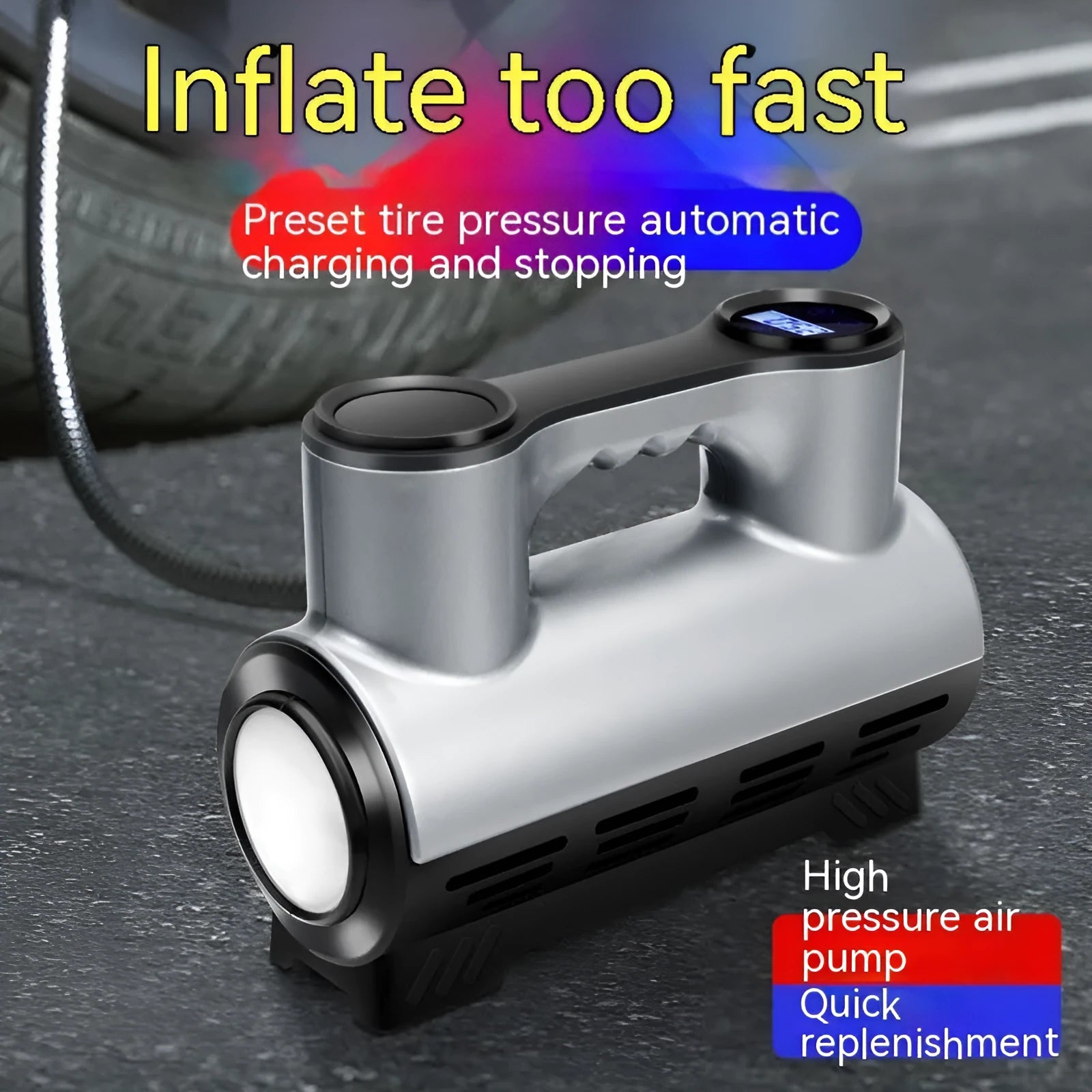 12V portable car tyre inflator with digital display and ABS housing alongside three air nozzles