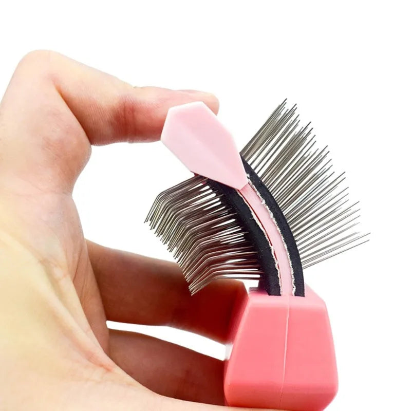Double-sided blue pet brush for dogs and cats showing soft pins on one side and firm stainless steel pins on the other.