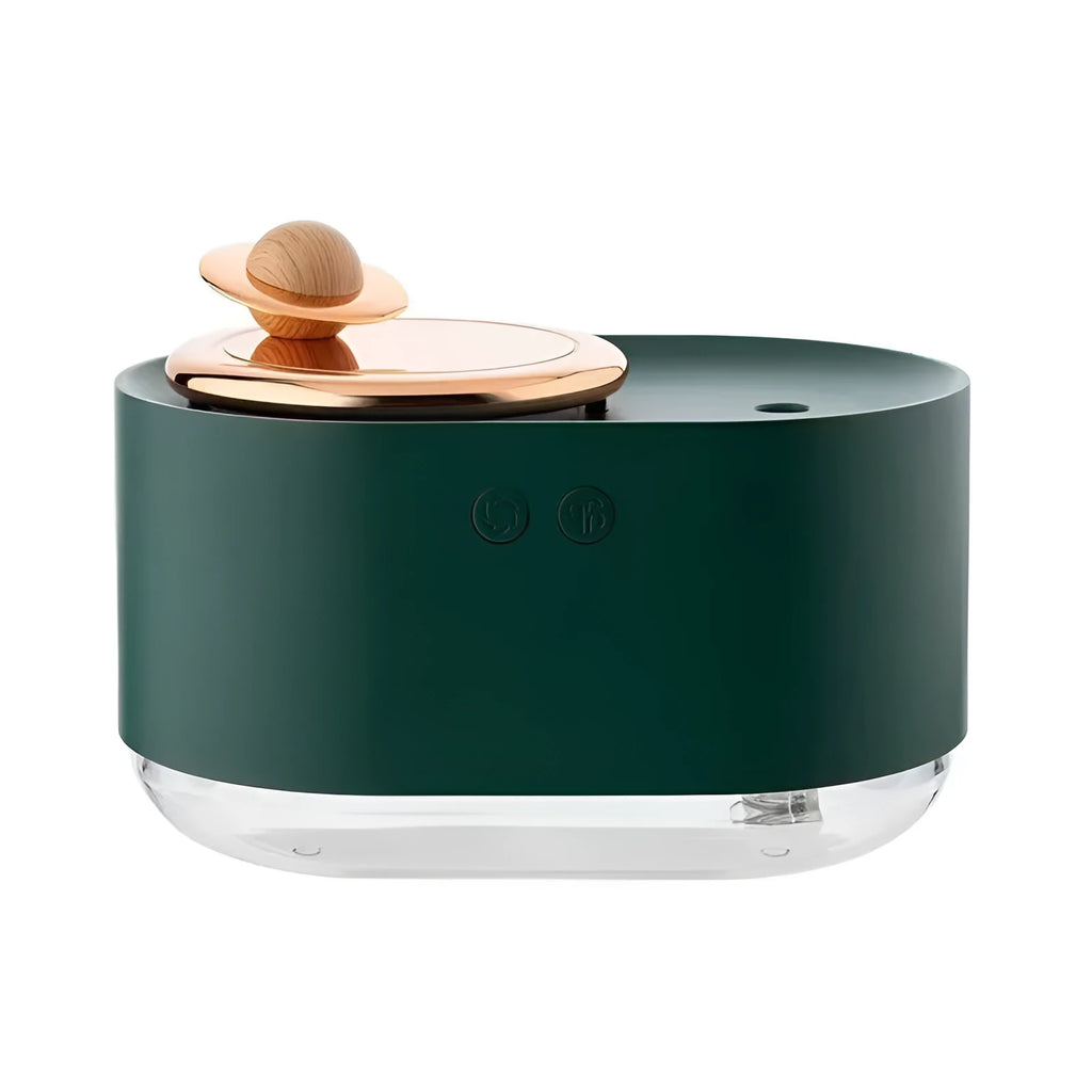 Green rotating planet-shaped USB humidifier with night light on a car dashboard