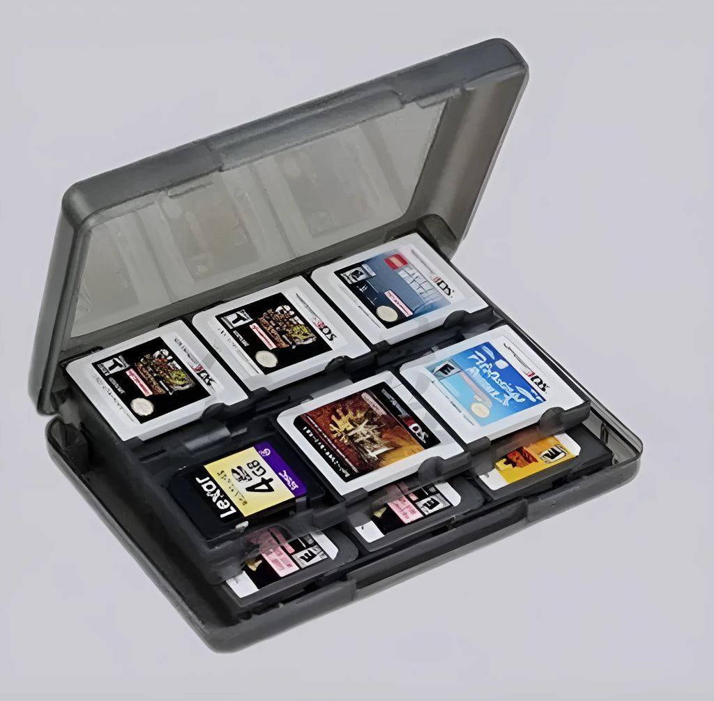 NDS 3DS 24-game card storage box in black blue pink white colours showing game cartridge capacity