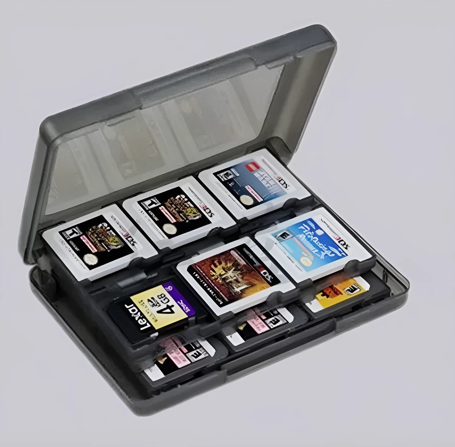 NDS 3DS 24-game card storage box in black blue pink white colours showing game cartridge capacity