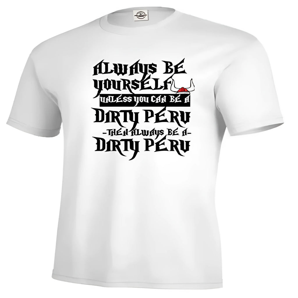 Men's white printed short sleeve t-shirt on a hanger, straight fit casual style