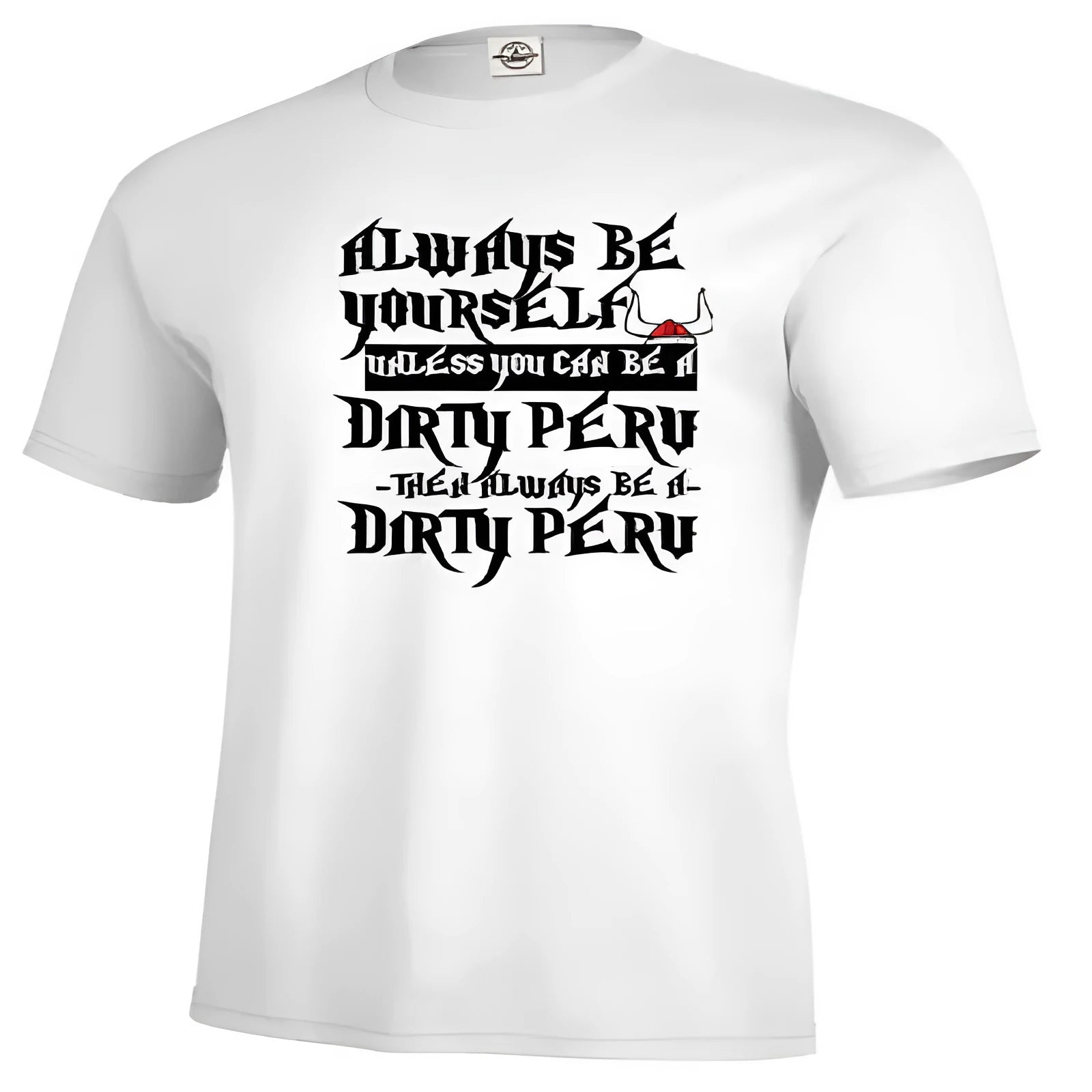 Men's white printed short sleeve t-shirt on a hanger, straight fit casual style