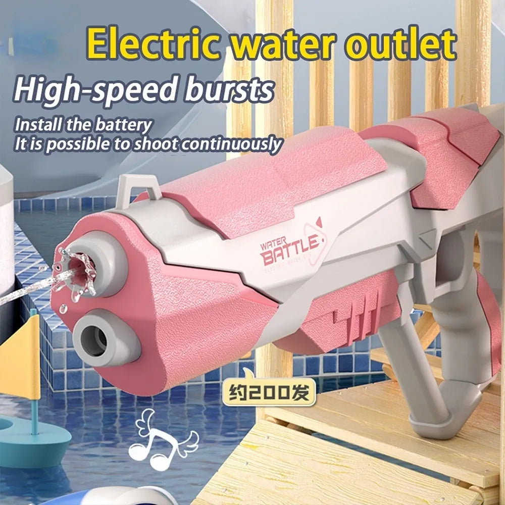 Blue electric water gun with USB charging port and trigger, showing water capacity measurement