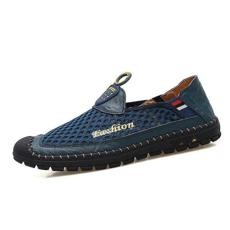 Men's brown mesh casual shoes with round toe and rubber sole