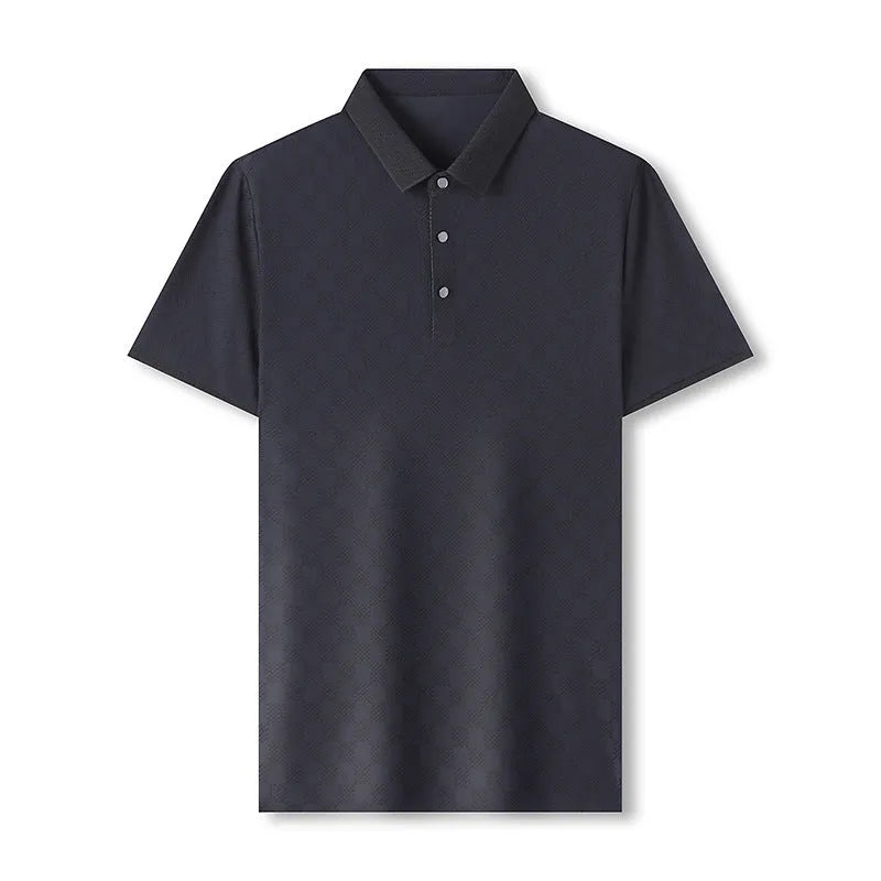 Rhombus thin ice silk short sleeve t-shirt in black with V-neck and side slit detailing