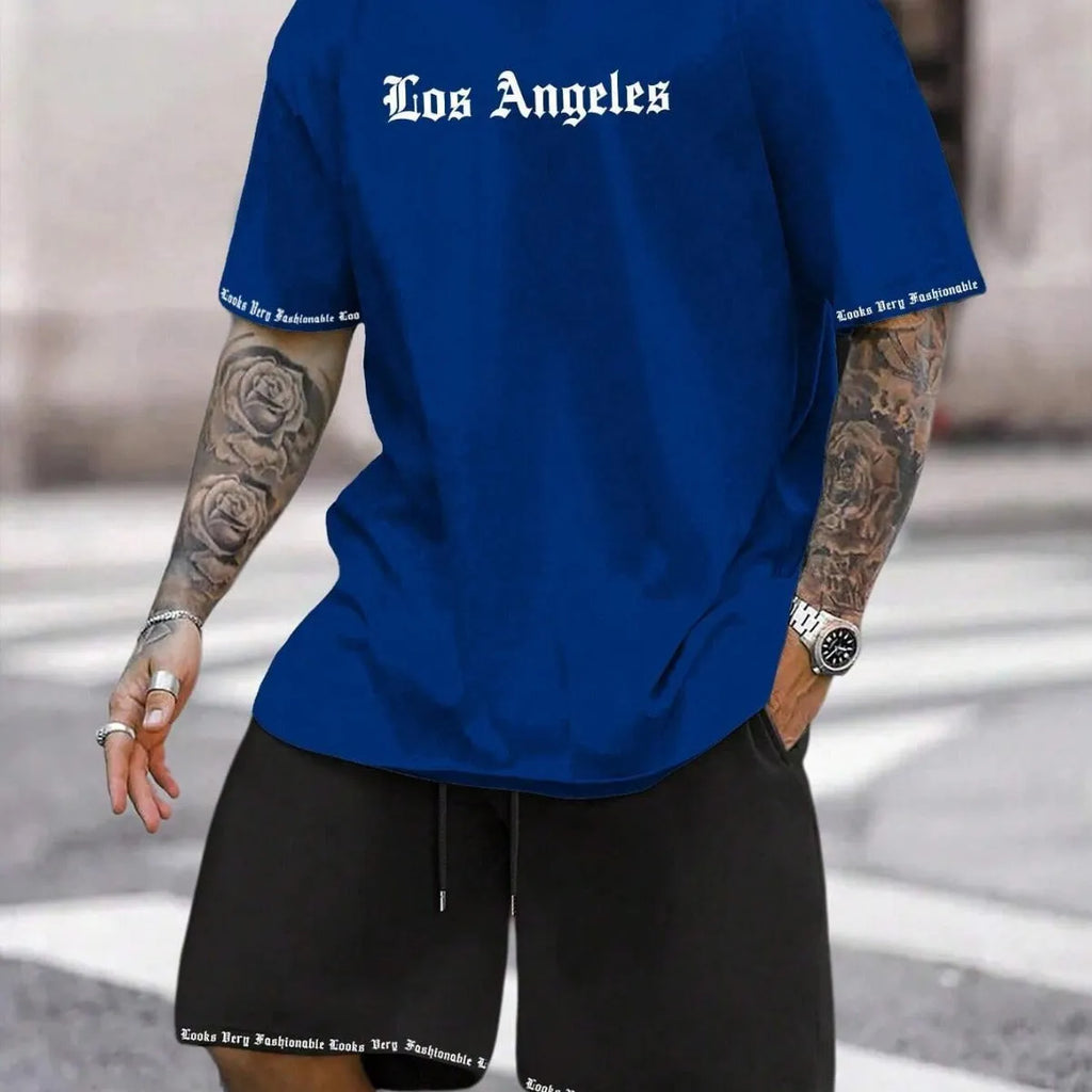 Men's grey sports style short-sleeved top and matching shorts quick-dry two-piece set