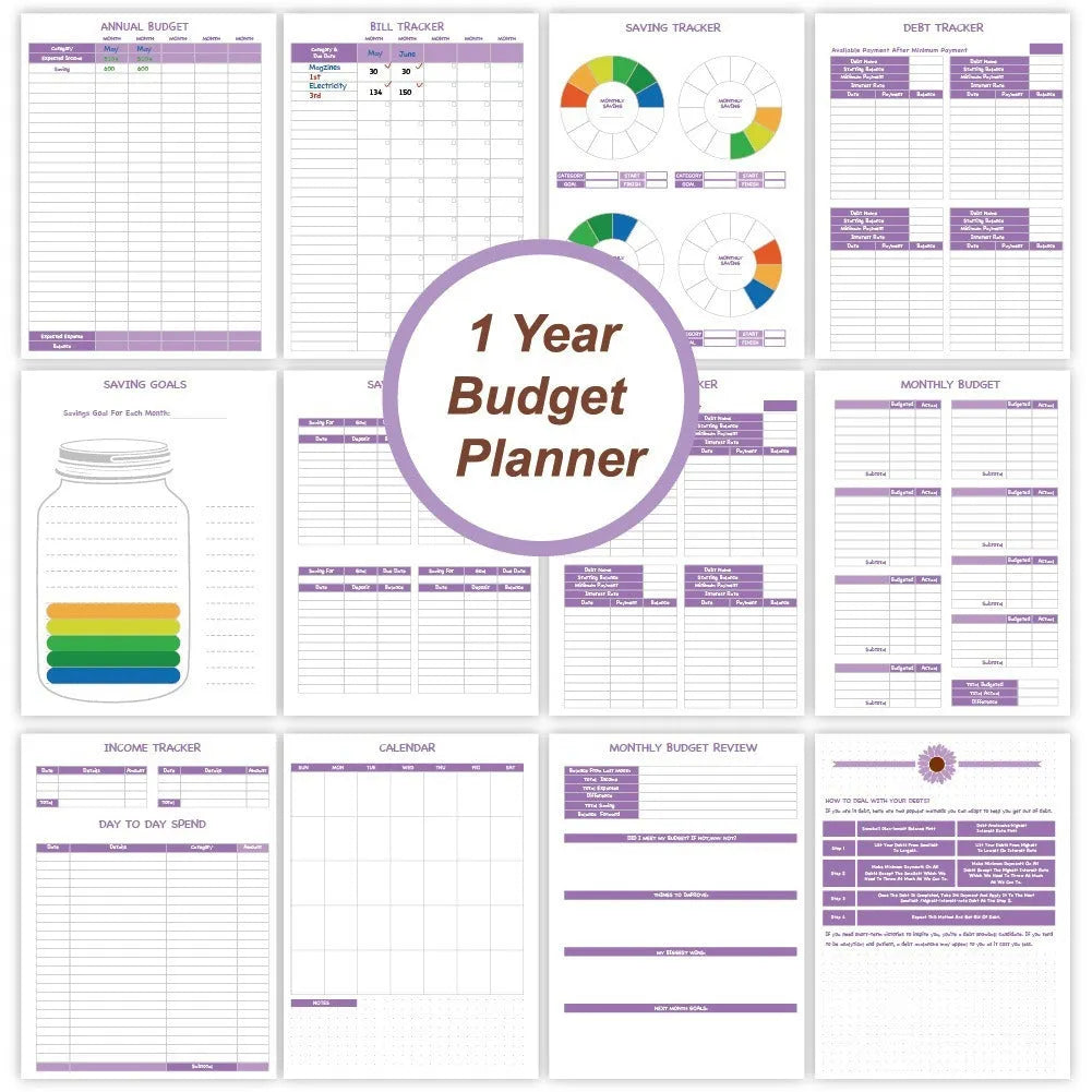J12 purple coil-bound budget notebook with financial planning stickers and paper clips laid out.