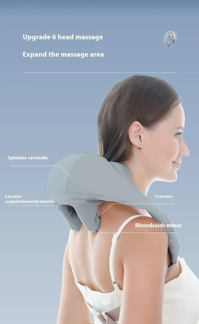 Grey elastic fabric neck massager with USB charging cable and infrared physiotherapy function