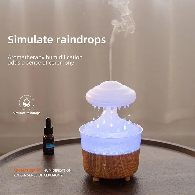 Wood grain white cloud-shaped humidifier diffuser with LED lights and water droplet effect