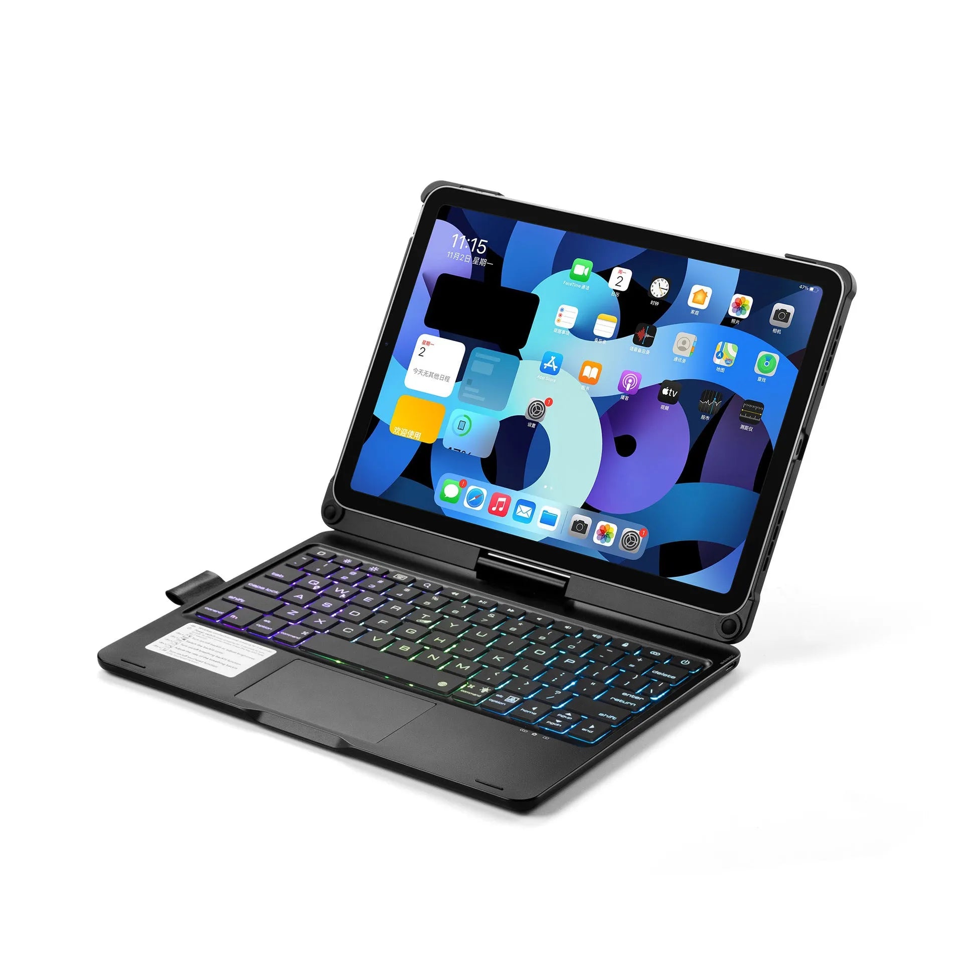 Rotating Bluetooth keyboard with touch backlight showing black, rose gold, and silver colour options