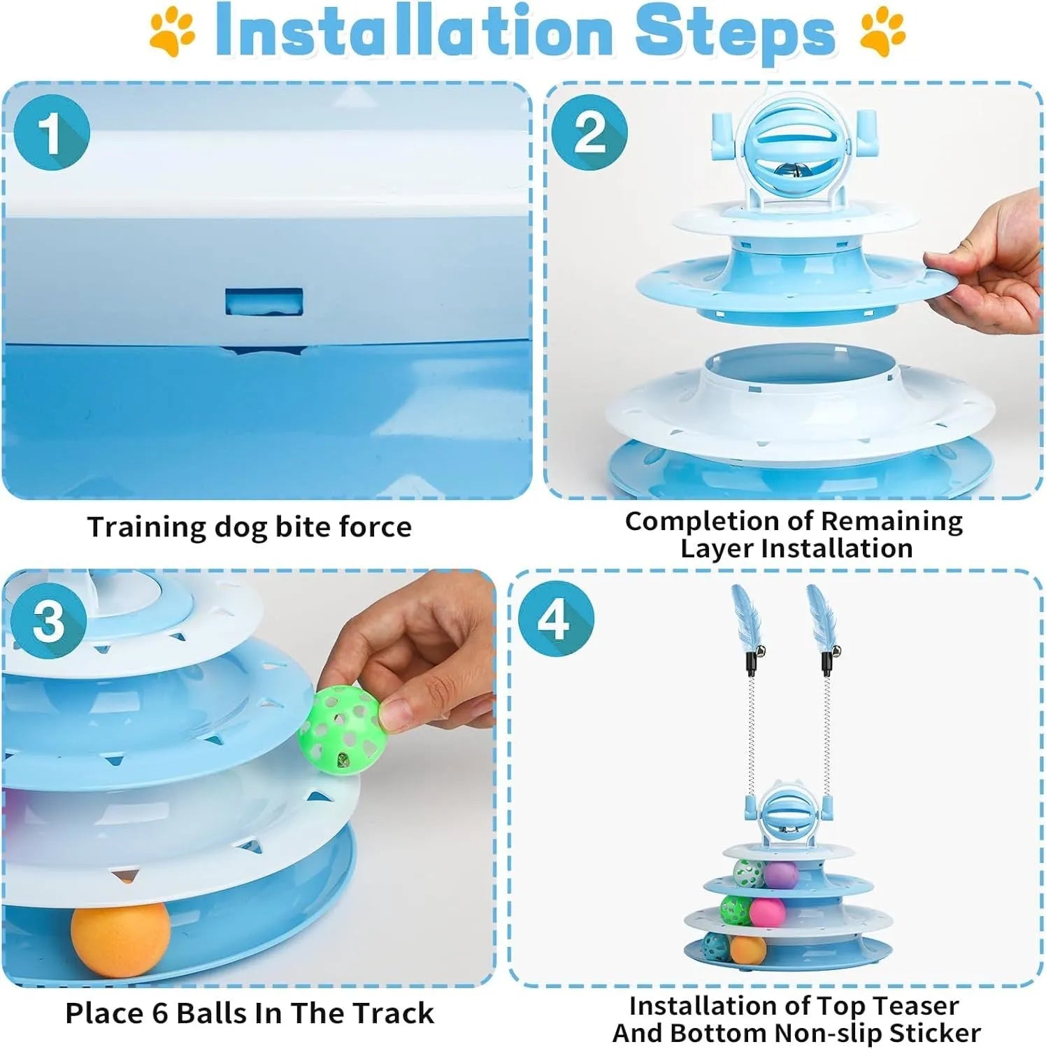 Blue 4-tier interactive cat puzzle toy with balls and teasing rods