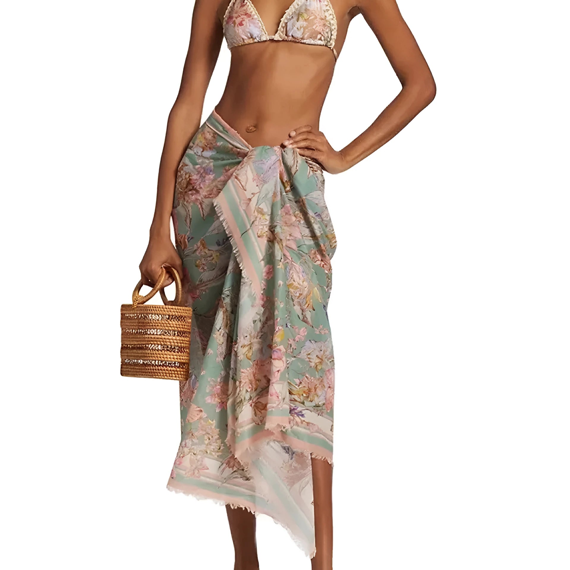 Women's floral print bikini set with skirt cover-up in creamy-white beige colour