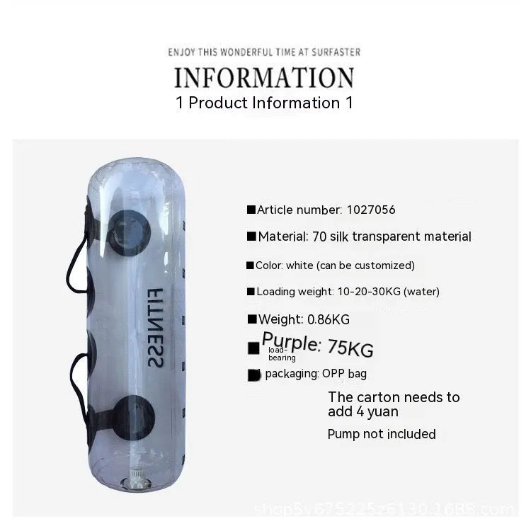 Transparent PVC water injection dumbbell bag showing adjustable weight system for portable strength training