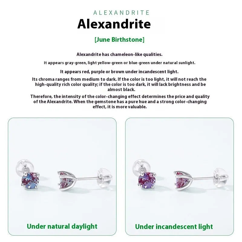 925 silver ear studs with round cultivated alexandrite stone in geometric setting