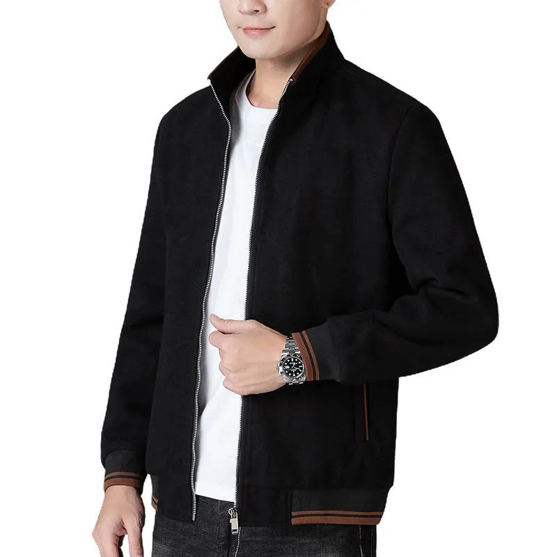 Men's gray polyester fleece autumn coat with long sleeves and side pockets on hanger