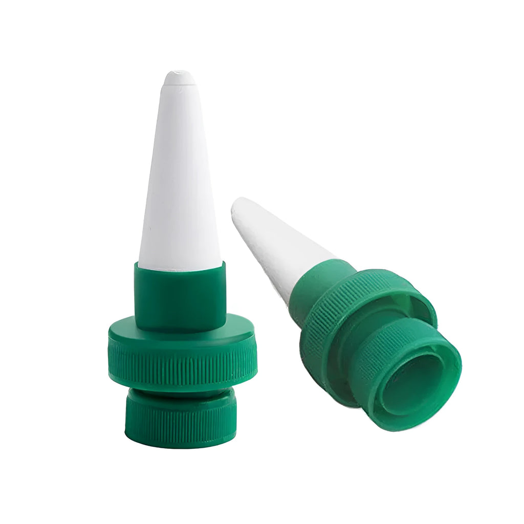 Green ceramic plant watering dripper device for attachment to cola bottles