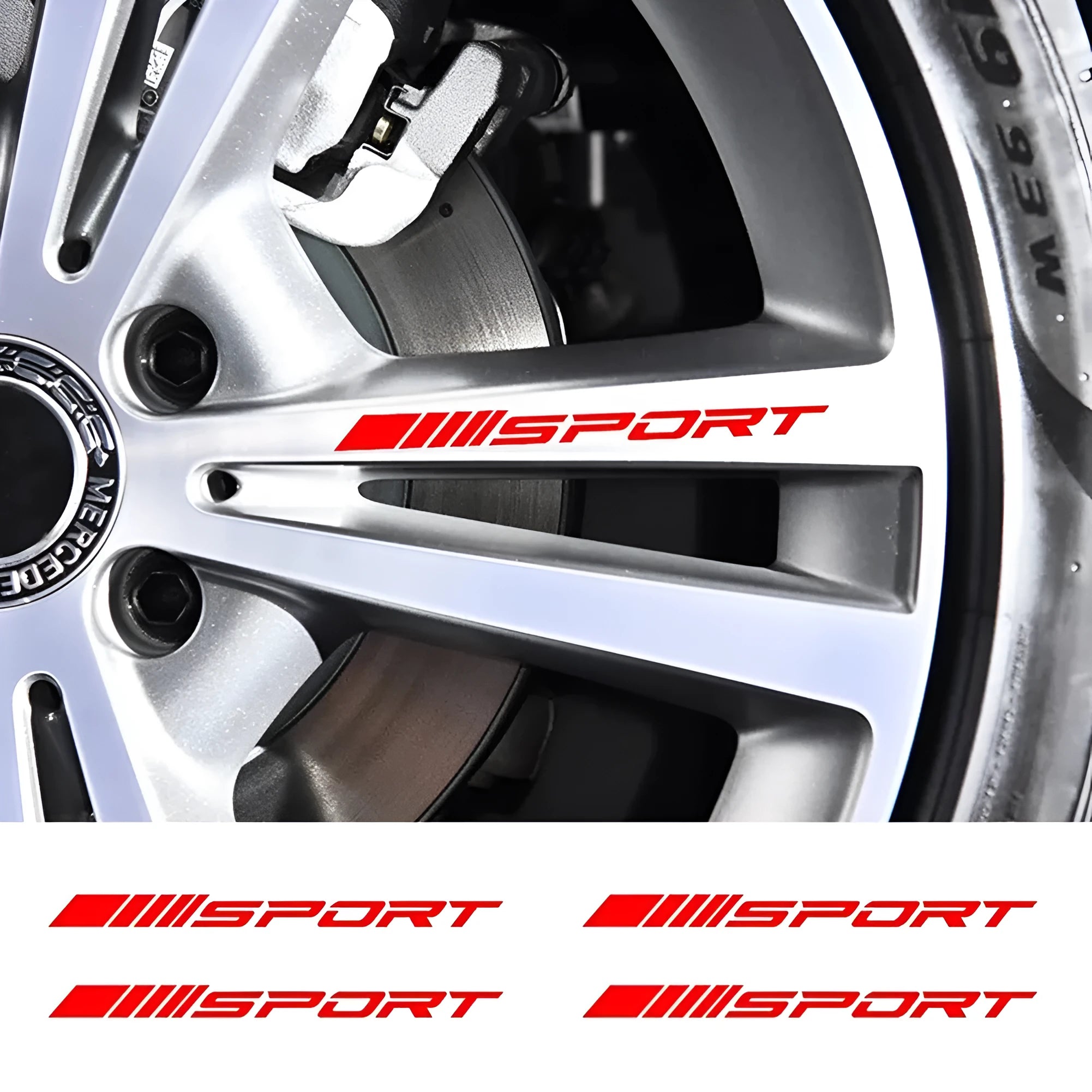 PET hollow sports style car rim sticker in red, shown next to a 10cm ruler for scale.