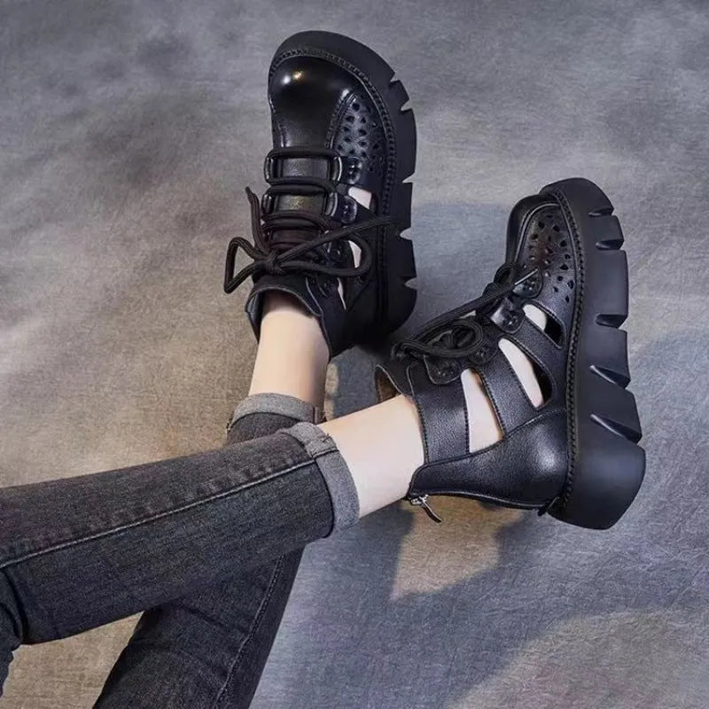 Women's black platform sandals with hollow hole design and fish mouth toe