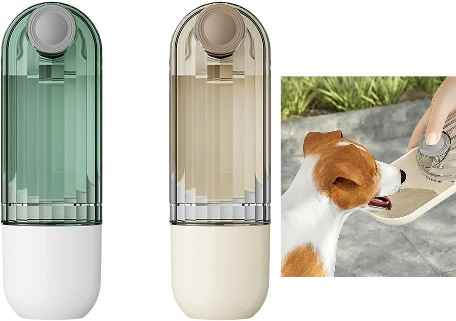 Beige and green foldable dog water bottle with food dispenser base for outdoor walking and travel.