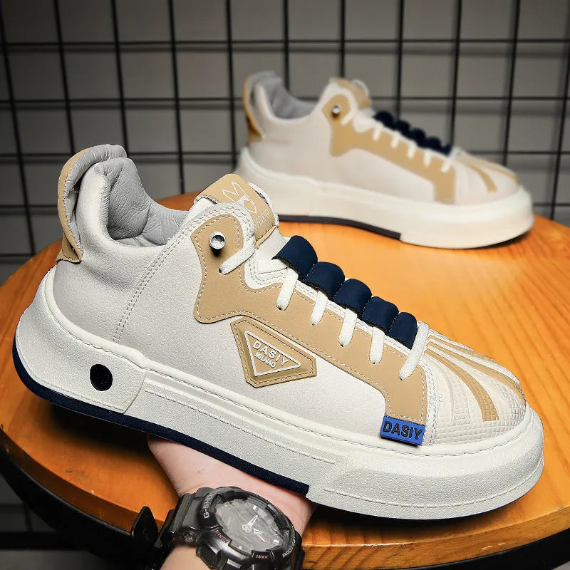 Men's beige low-top sneakers with elastic band closure and mesh lining