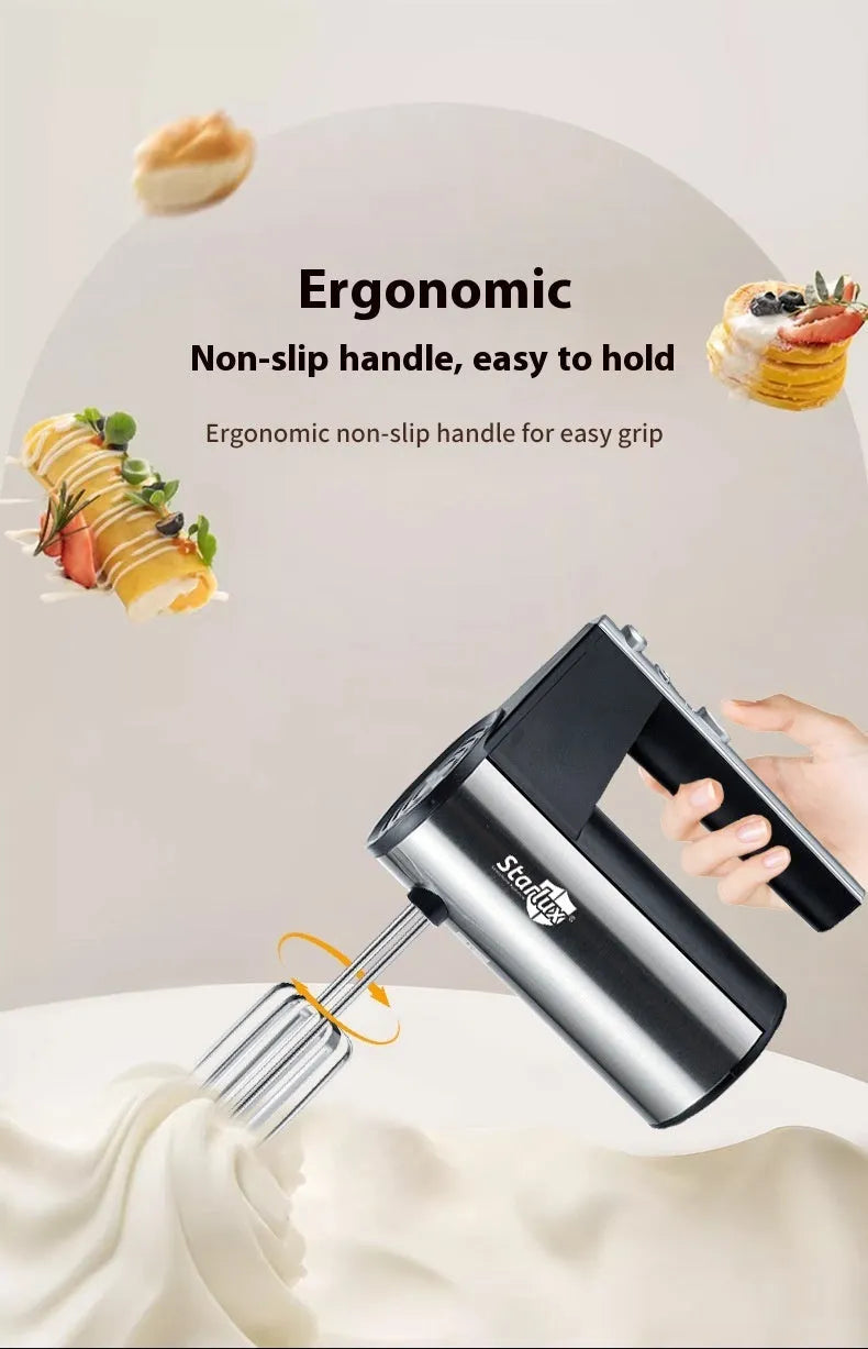 White handheld electric mixer with five speed settings and dual voltage compatibility for baking
